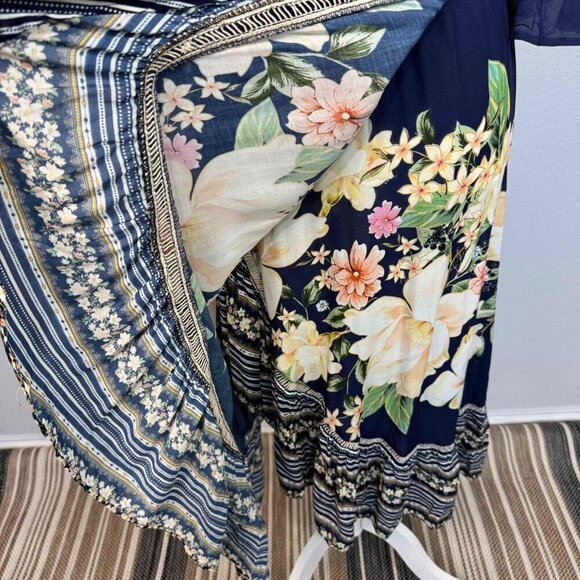 Farm Rio Anthropologie Midnight‎ Flower Wrap Dress 3/4 Sleeves Blue SP - Picture 9 of 16